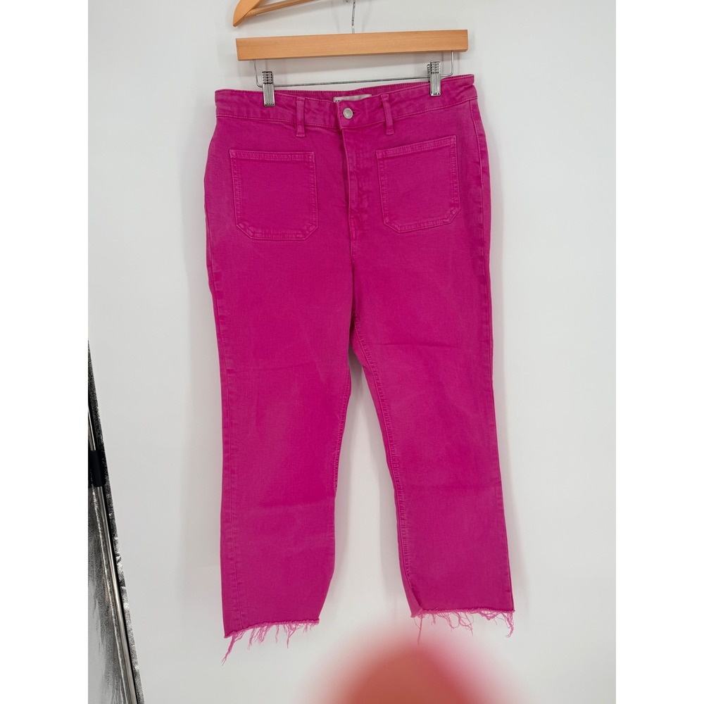 Zara Jeans 10 Pink High Rise Straight‎ Leg Raw Hem Barbiecore Vibrant